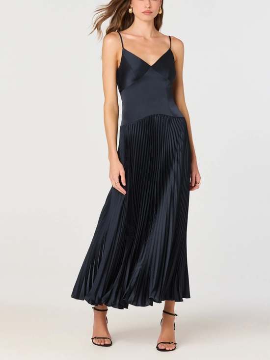 Astr Dresses & Skirts - Astr Satin Pleated Drop Waist Maxi Dress in Dark Navy
